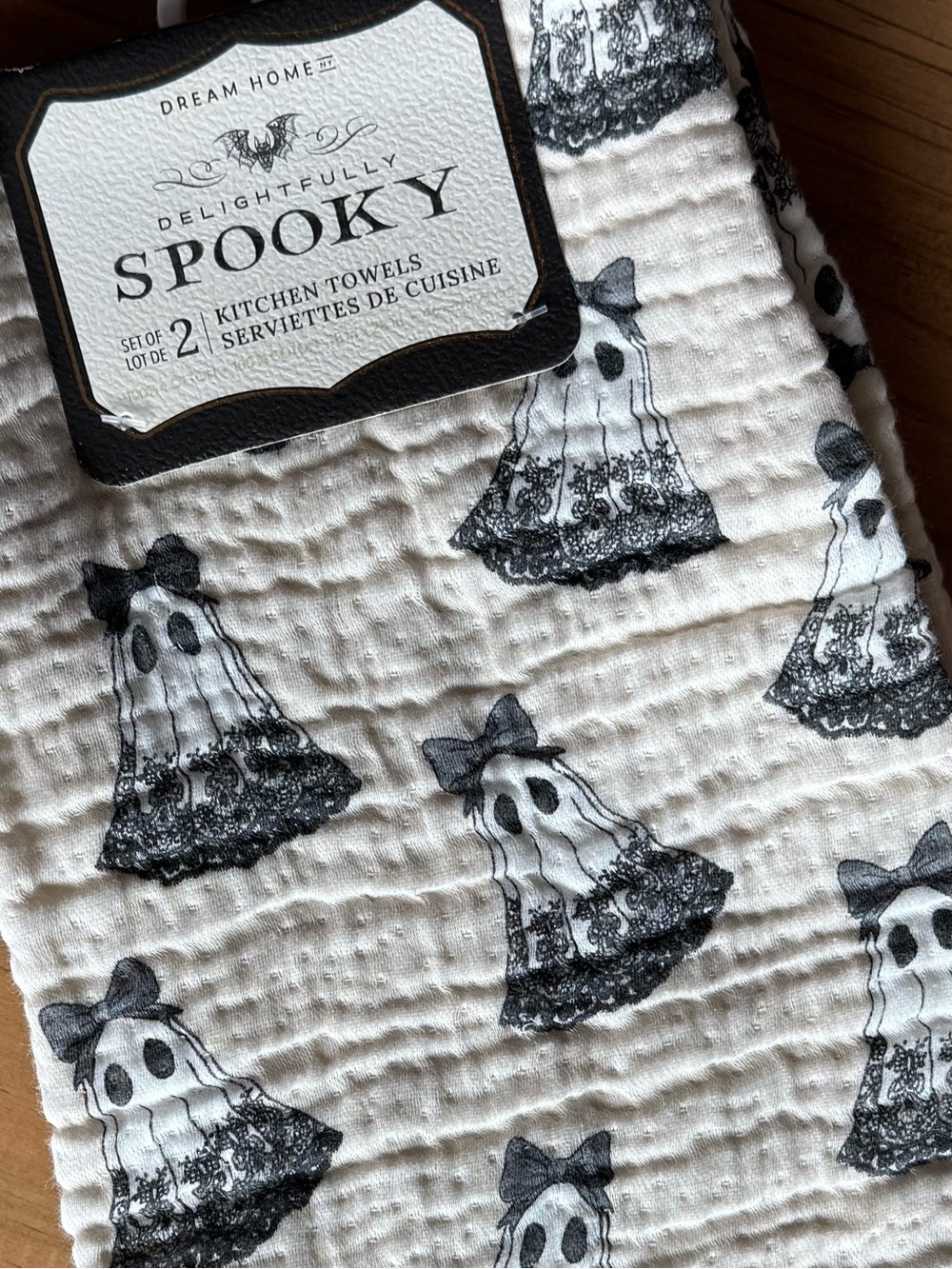 DREAM HOME Coquette Ghosts with Bows Cotton Towels Set of 2 Black and White